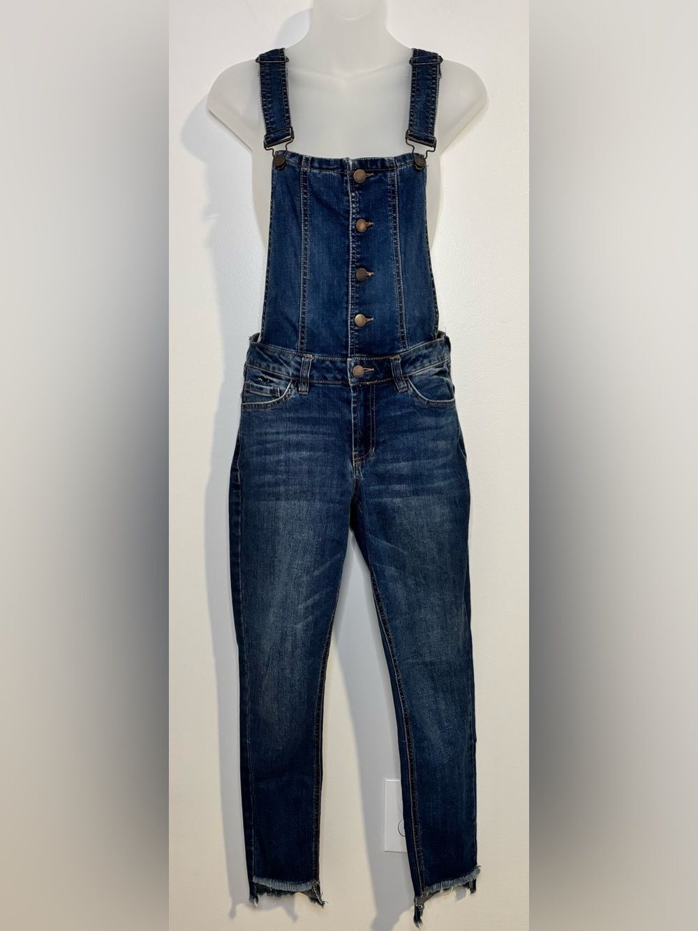 Refuge Dark Wash Denim Skinny Overalls Button Front Raw Hem Small